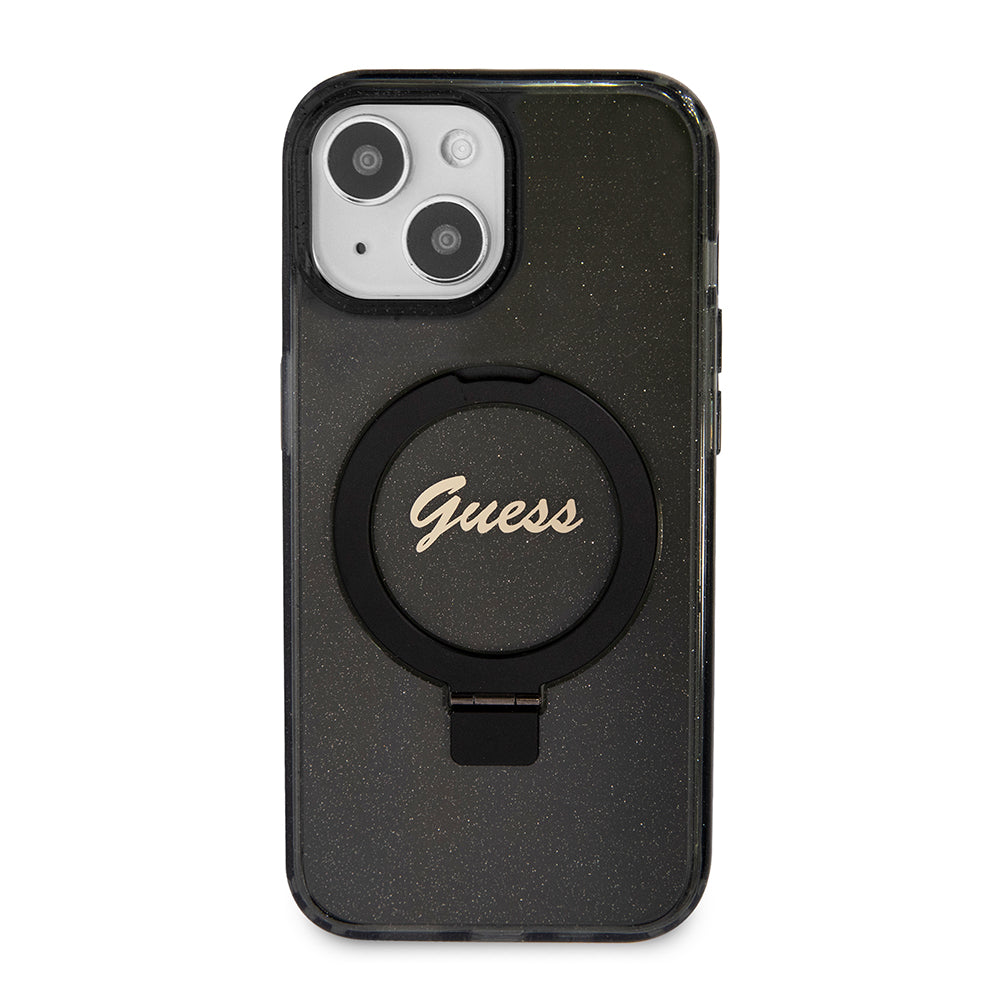 MagSafe-deksel for Apple iPhone 15, Guess, Ring Stand Script Glitter, Svart