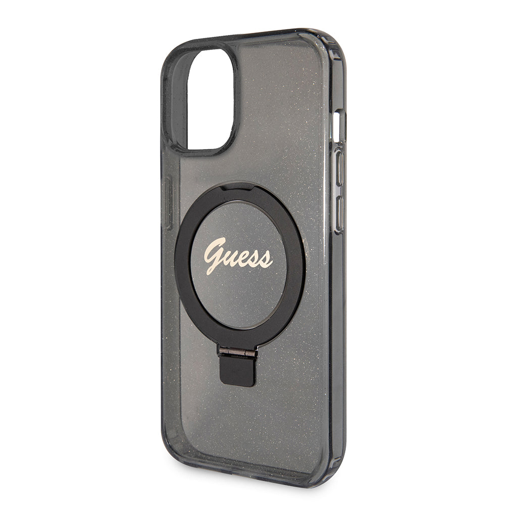 MagSafe-deksel for Apple iPhone 15, Guess, Ring Stand Script Glitter, Svart
