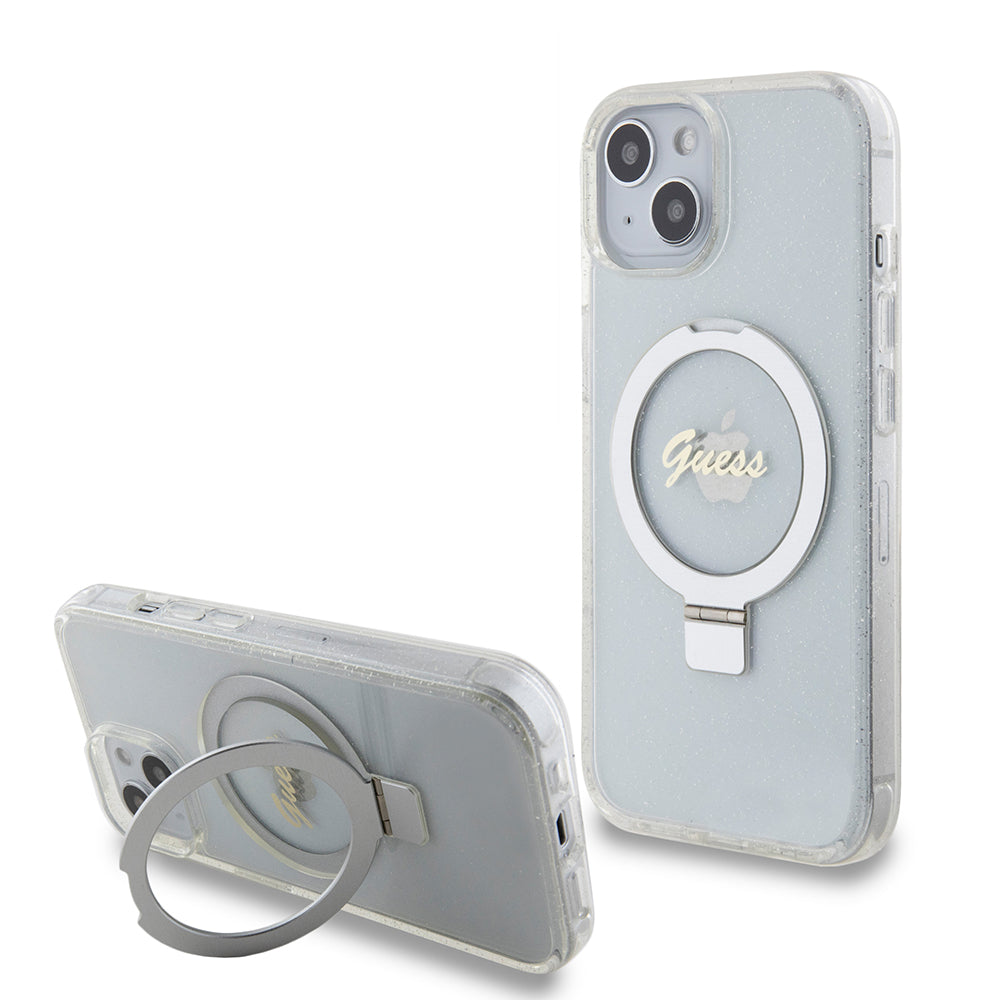 MagSafe deksel for Apple iPhone 15, Guess, Ring Stand Script Glitter, Gjennomsiktig