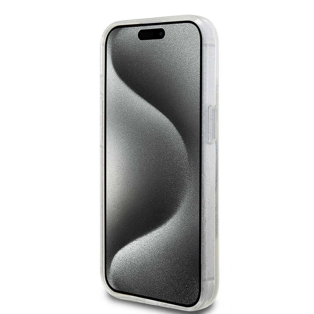 MagSafe deksel for Apple iPhone 15, Guess, Ring Stand Script Glitter, Gjennomsiktig