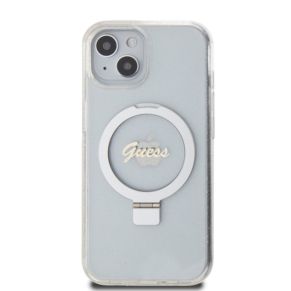 MagSafe deksel for Apple iPhone 15, Guess, Ring Stand Script Glitter, Gjennomsiktig