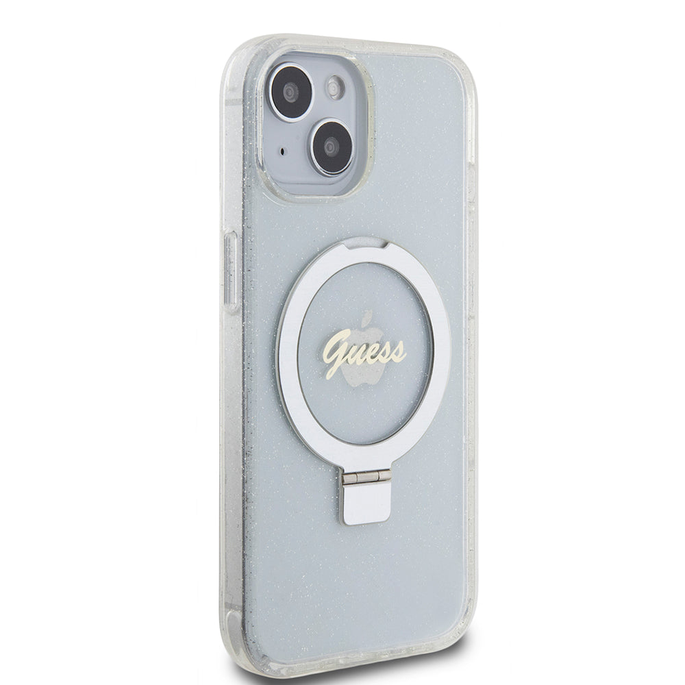 MagSafe deksel for Apple iPhone 15, Guess, Ring Stand Script Glitter, Gjennomsiktig