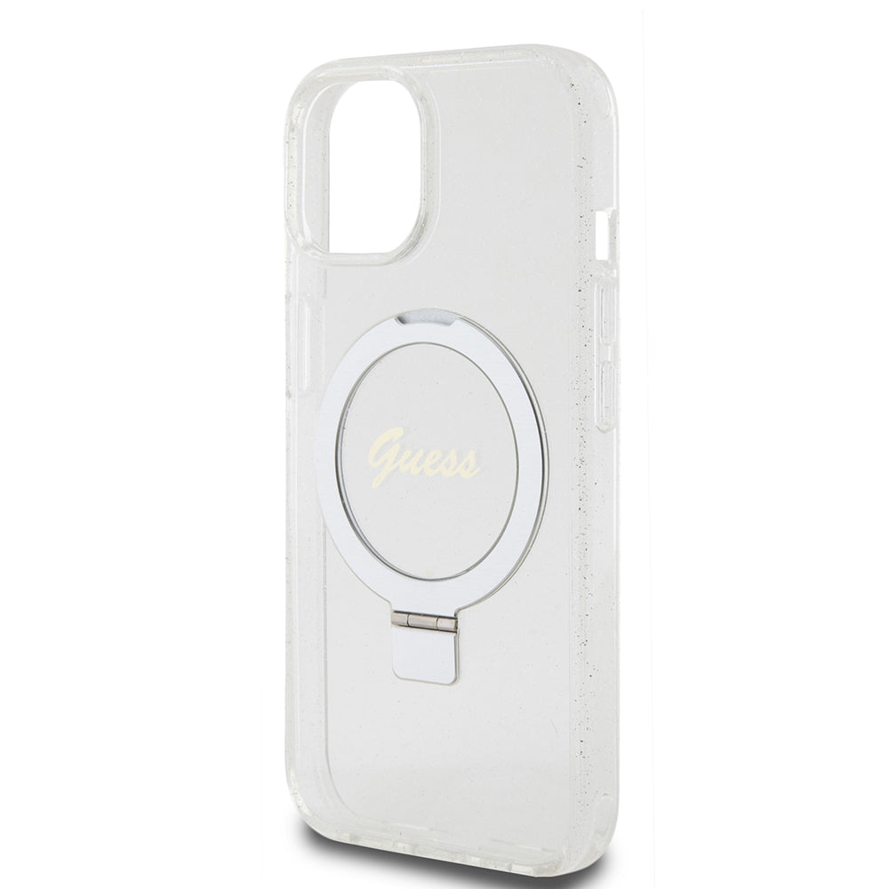MagSafe deksel for Apple iPhone 15, Guess, Ring Stand Script Glitter, Gjennomsiktig