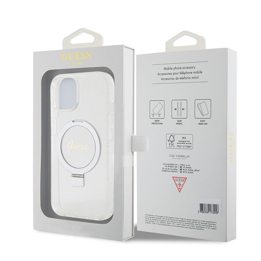 MagSafe deksel for Apple iPhone 15, Guess, Ring Stand Script Glitter, Gjennomsiktig