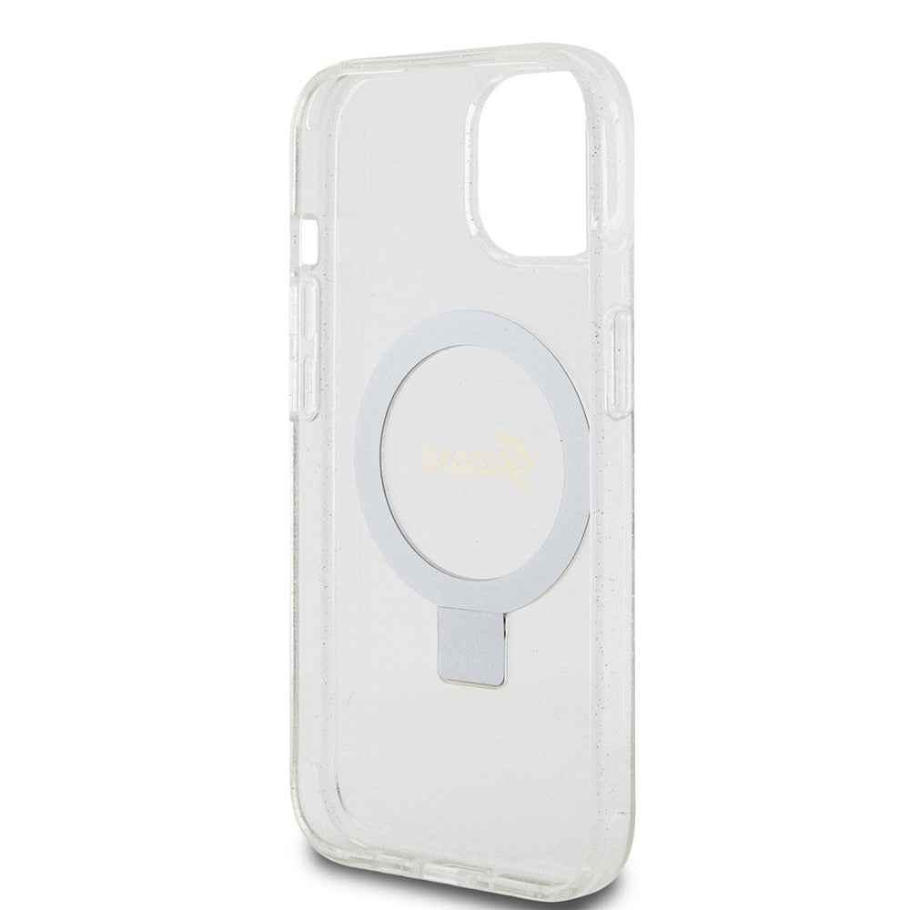 MagSafe deksel for Apple iPhone 15, Guess, Ring Stand Script Glitter, Gjennomsiktig