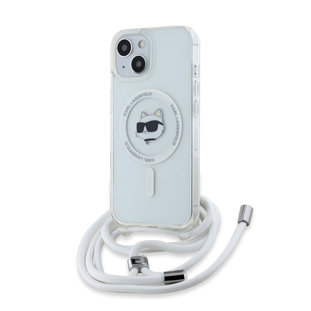 MagSafe deksel for Apple iPhone 15, Karl Lagerfeld, IML Crossbody Choupette's Head with Strap, Gjennomsiktig