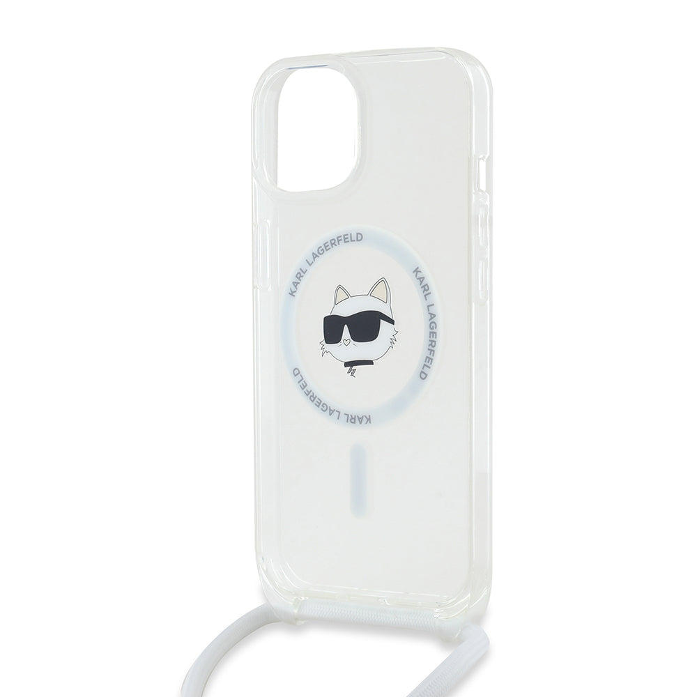 MagSafe deksel for Apple iPhone 15, Karl Lagerfeld, IML Crossbody Choupette's Head with Strap, Gjennomsiktig
