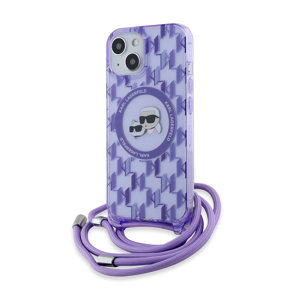 MagSafe-deksel for Apple iPhone 15, Karl Lagerfeld, IML Crossbody Monogram Karl & Choupette's Heads, Lilla
