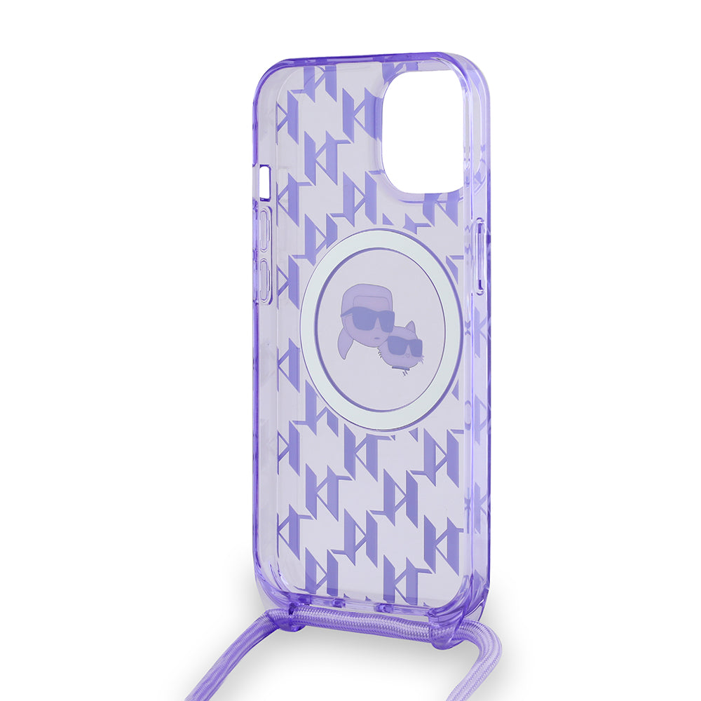 MagSafe-deksel for Apple iPhone 15, Karl Lagerfeld, IML Crossbody Monogram Karl & Choupette's Heads, Lilla