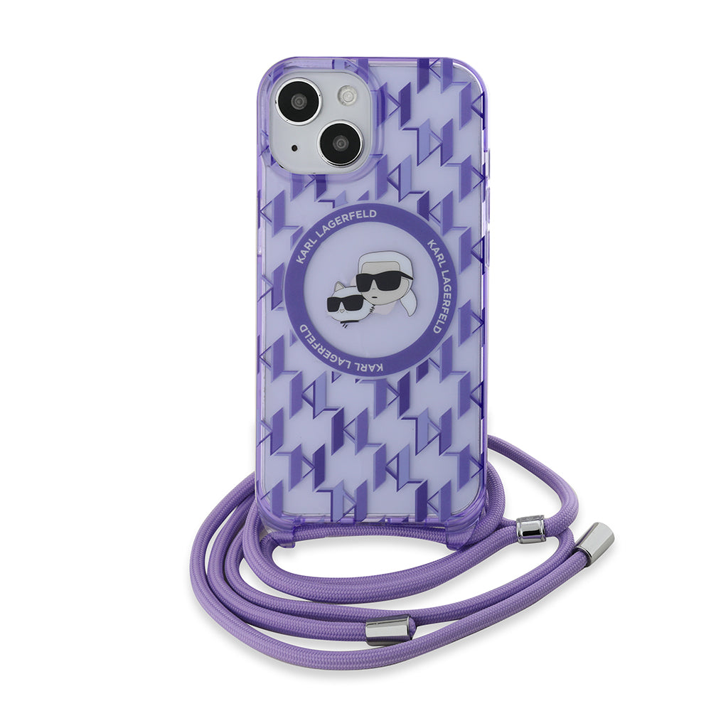 MagSafe-deksel for Apple iPhone 15, Karl Lagerfeld, IML Crossbody Monogram Karl & Choupette's Heads, Lilla