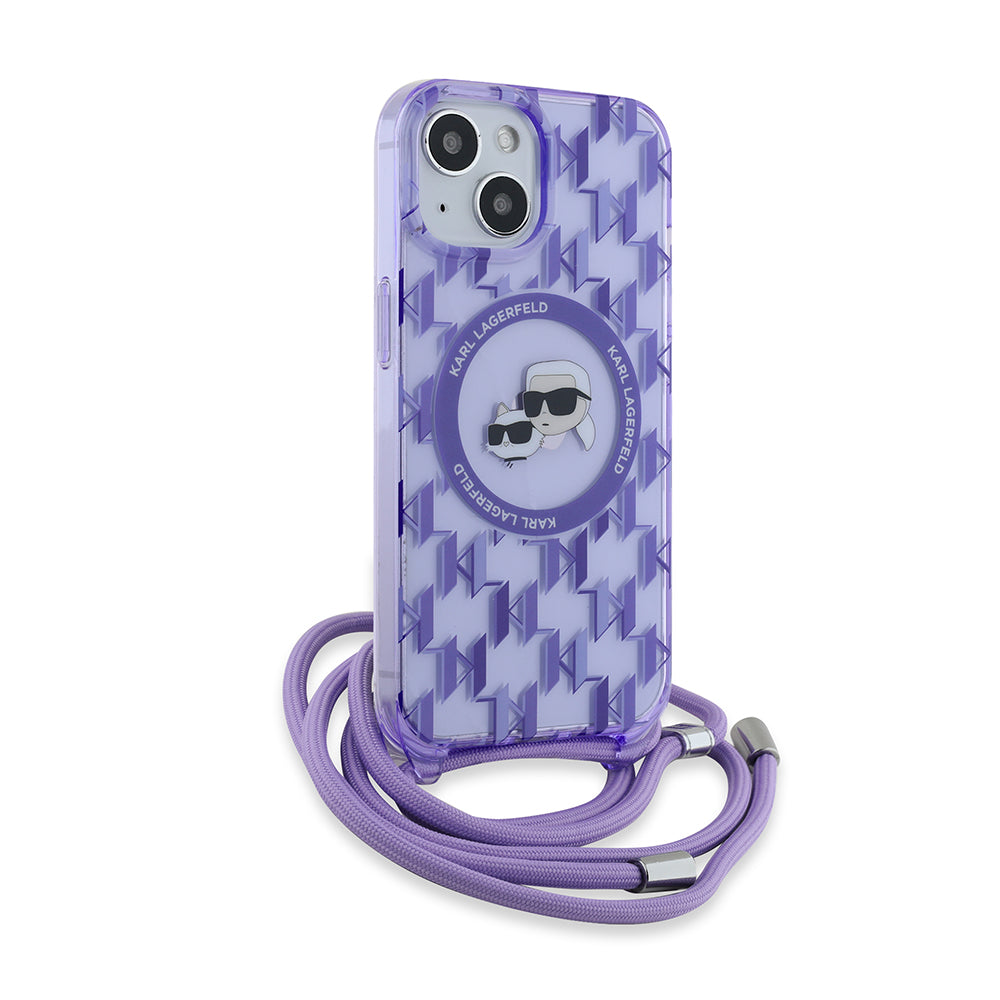 MagSafe-deksel for Apple iPhone 15, Karl Lagerfeld, IML Crossbody Monogram Karl & Choupette's Heads, Lilla