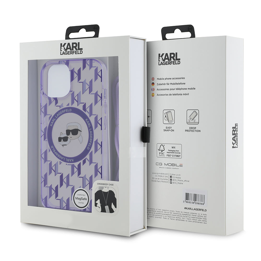 MagSafe-deksel for Apple iPhone 15, Karl Lagerfeld, IML Crossbody Monogram Karl & Choupette's Heads, Lilla