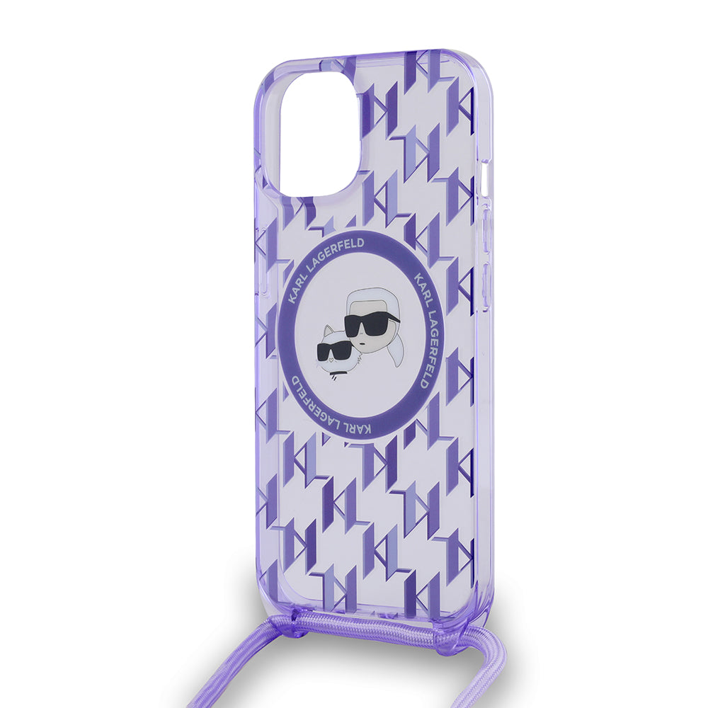 MagSafe-deksel for Apple iPhone 15, Karl Lagerfeld, IML Crossbody Monogram Karl & Choupette's Heads, Lilla
