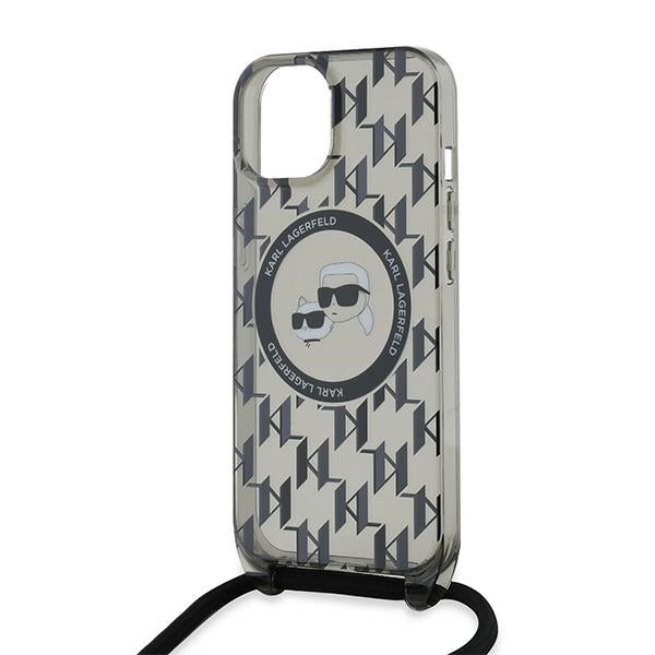 MagSafe-deksel for Apple iPhone 15, Karl Lagerfeld, IML Crossbody Monogram Karl & Choupette's Heads, Svart