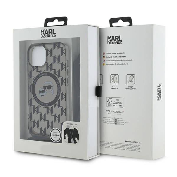 MagSafe-deksel for Apple iPhone 15, Karl Lagerfeld, IML Crossbody Monogram Karl & Choupette's Heads, Svart