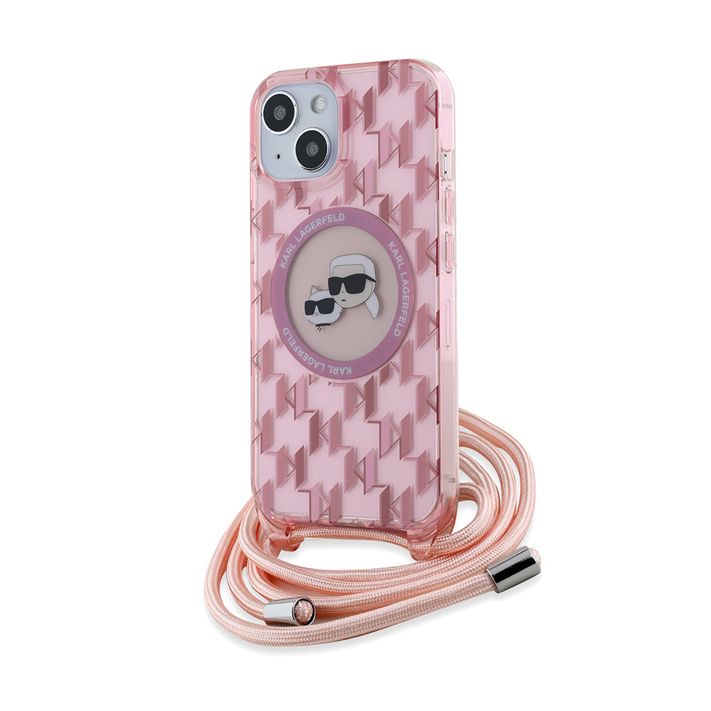 MagSafe-deksel for Apple iPhone 15, Karl Lagerfeld, IML Crossbody Monogram Karl & Choupette's Heads, Rosa