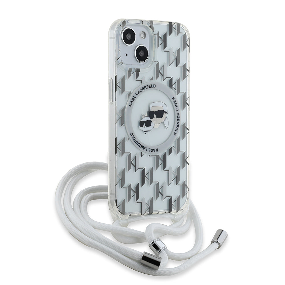 MagSafe deksel for Apple iPhone 15, Karl Lagerfeld, IML Crossbody Monogram Karl & Choupette's Heads, Gjennomsiktig