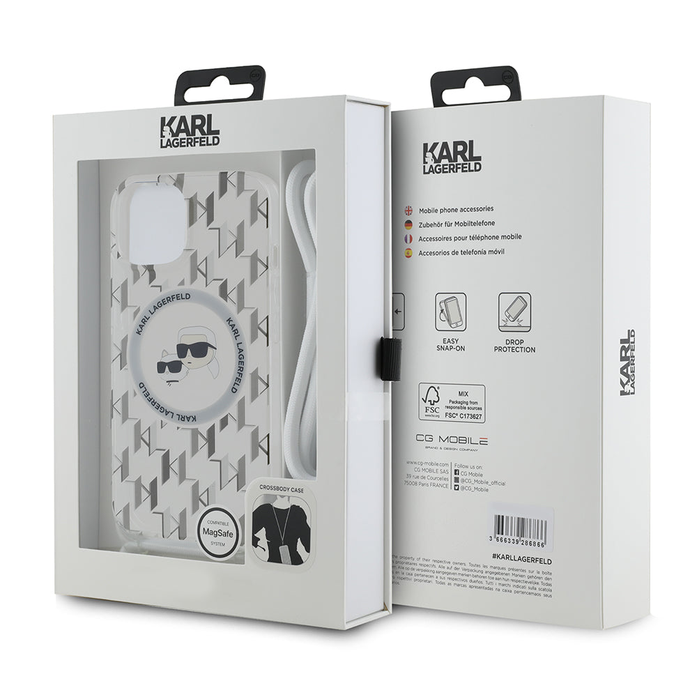 MagSafe deksel for Apple iPhone 15, Karl Lagerfeld, IML Crossbody Monogram Karl & Choupette's Heads, Gjennomsiktig