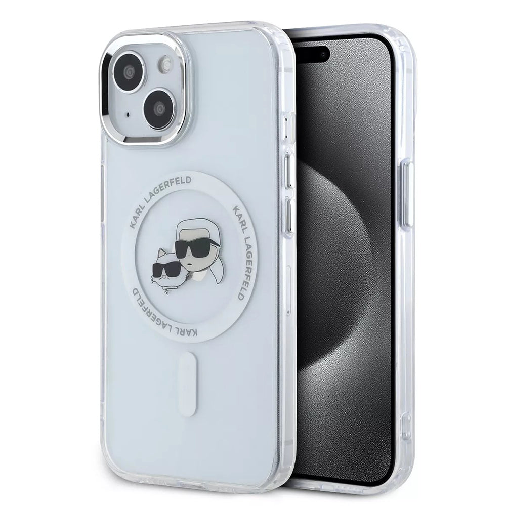 MagSafe-deksel for Apple iPhone 15, Karl Lagerfeld, IML Metal Karl & Choupette's Heads, Hvit