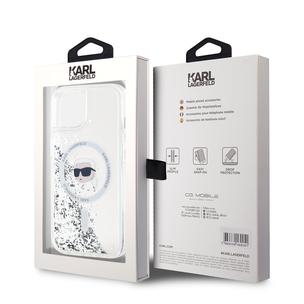 MagSafe-deksel for Apple iPhone 15, Karl Lagerfeld, Liquid Glitter Karl's Head, Gjennomsiktig