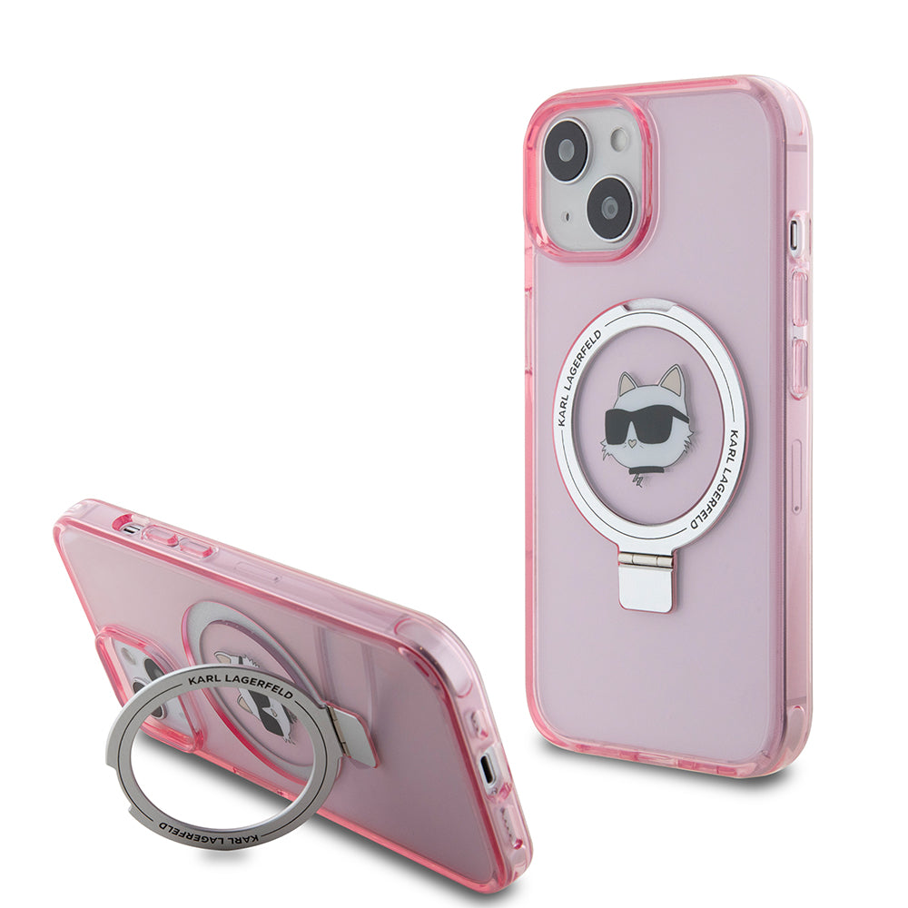 MagSafe-deksel for Apple iPhone 15, Karl Lagerfeld, Ring Stand Choupette's Head, Rosa