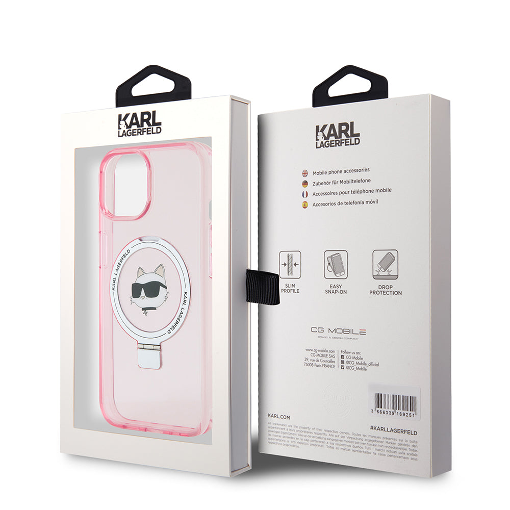 MagSafe-deksel for Apple iPhone 15, Karl Lagerfeld, Ring Stand Choupette's Head, Rosa