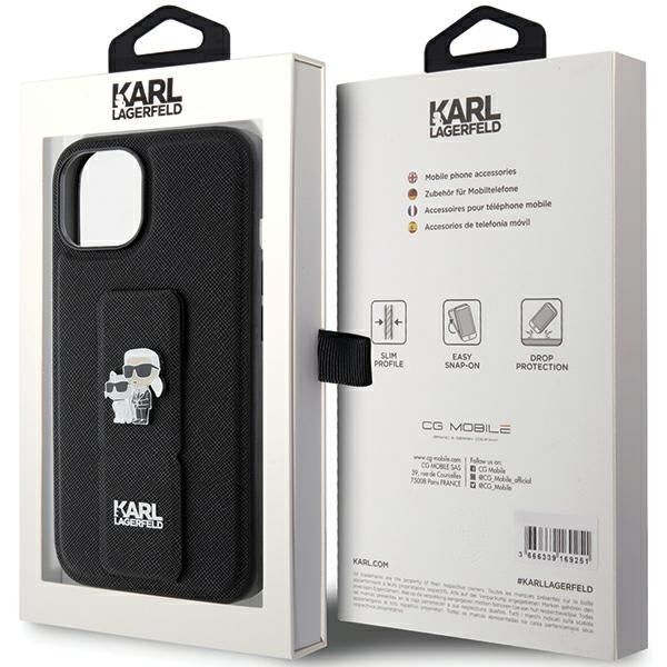 MagSafe-deksel for Apple iPhone 15 Plus / 14 Plus, Karl Lagerfeld, Saffiano Gripstand Karl & Choupette, Svart