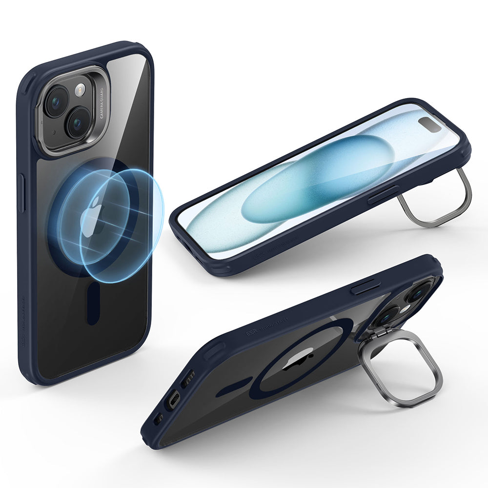 MagSafe-deksel for Apple iPhone 15 Plus, ESR, Classic Hybrid Kickstand, Marineblå Transparent