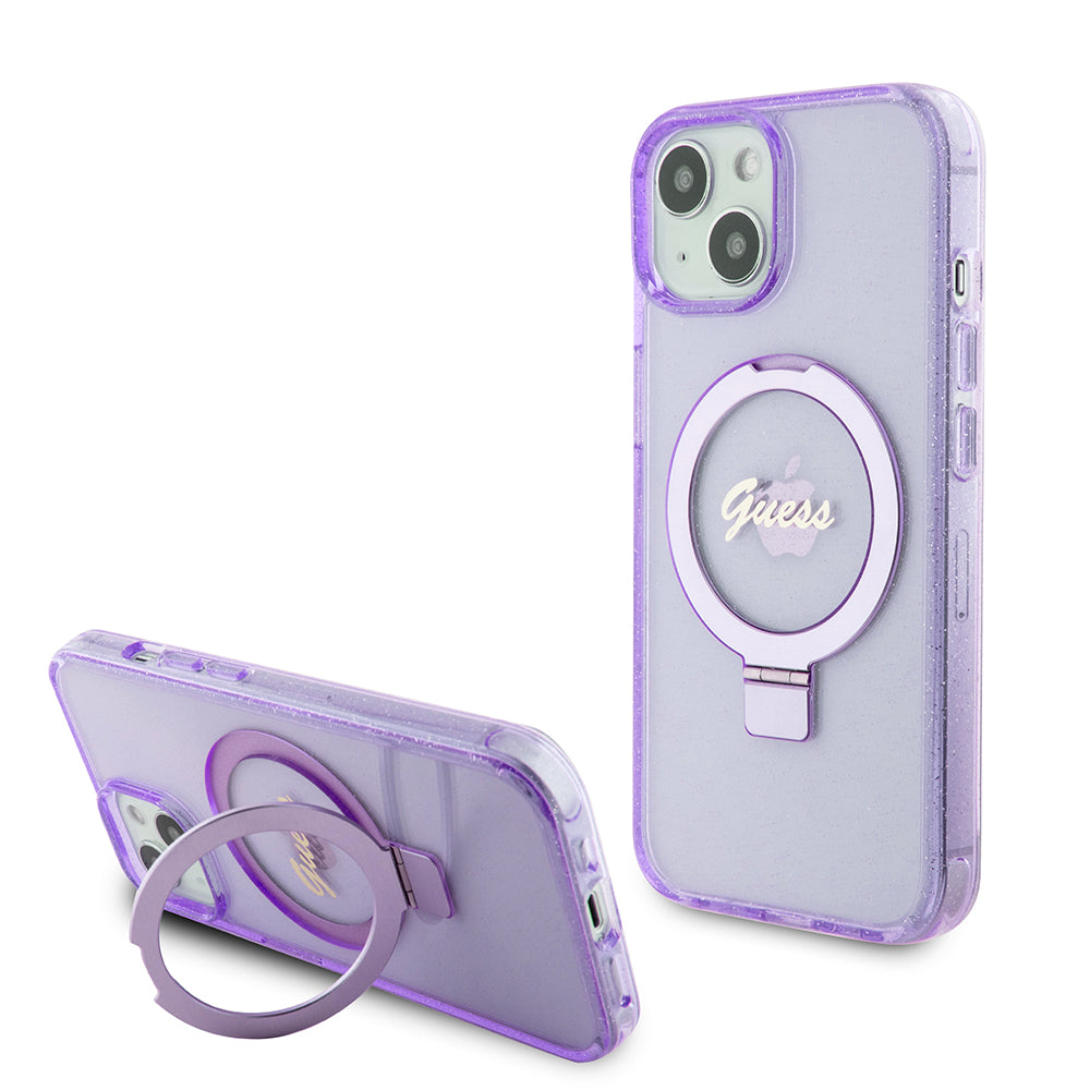 MagSafe-deksel for Apple iPhone 15 Plus, Guess, Ring Stand Script Glitter, Lilla