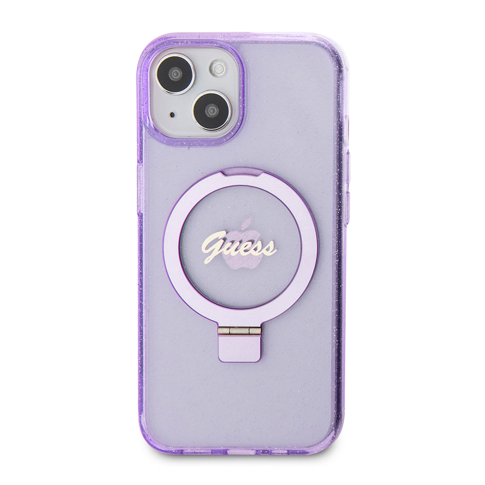 MagSafe-deksel for Apple iPhone 15 Plus, Guess, Ring Stand Script Glitter, Lilla