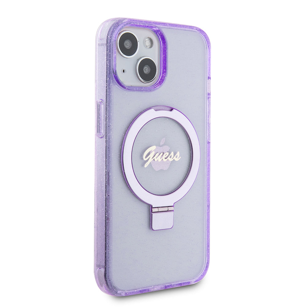 MagSafe-deksel for Apple iPhone 15 Plus, Guess, Ring Stand Script Glitter, Lilla