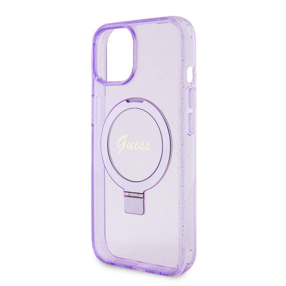 MagSafe-deksel for Apple iPhone 15 Plus, Guess, Ring Stand Script Glitter, Lilla