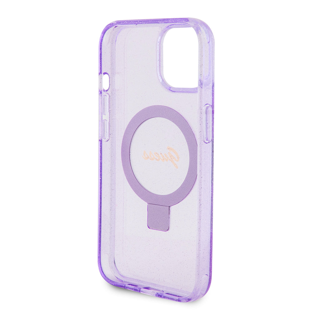 MagSafe-deksel for Apple iPhone 15 Plus, Guess, Ring Stand Script Glitter, Lilla