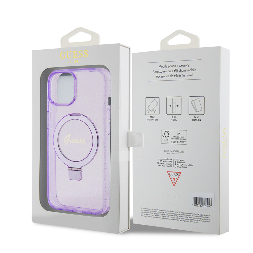 MagSafe-deksel for Apple iPhone 15 Plus, Guess, Ring Stand Script Glitter, Lilla
