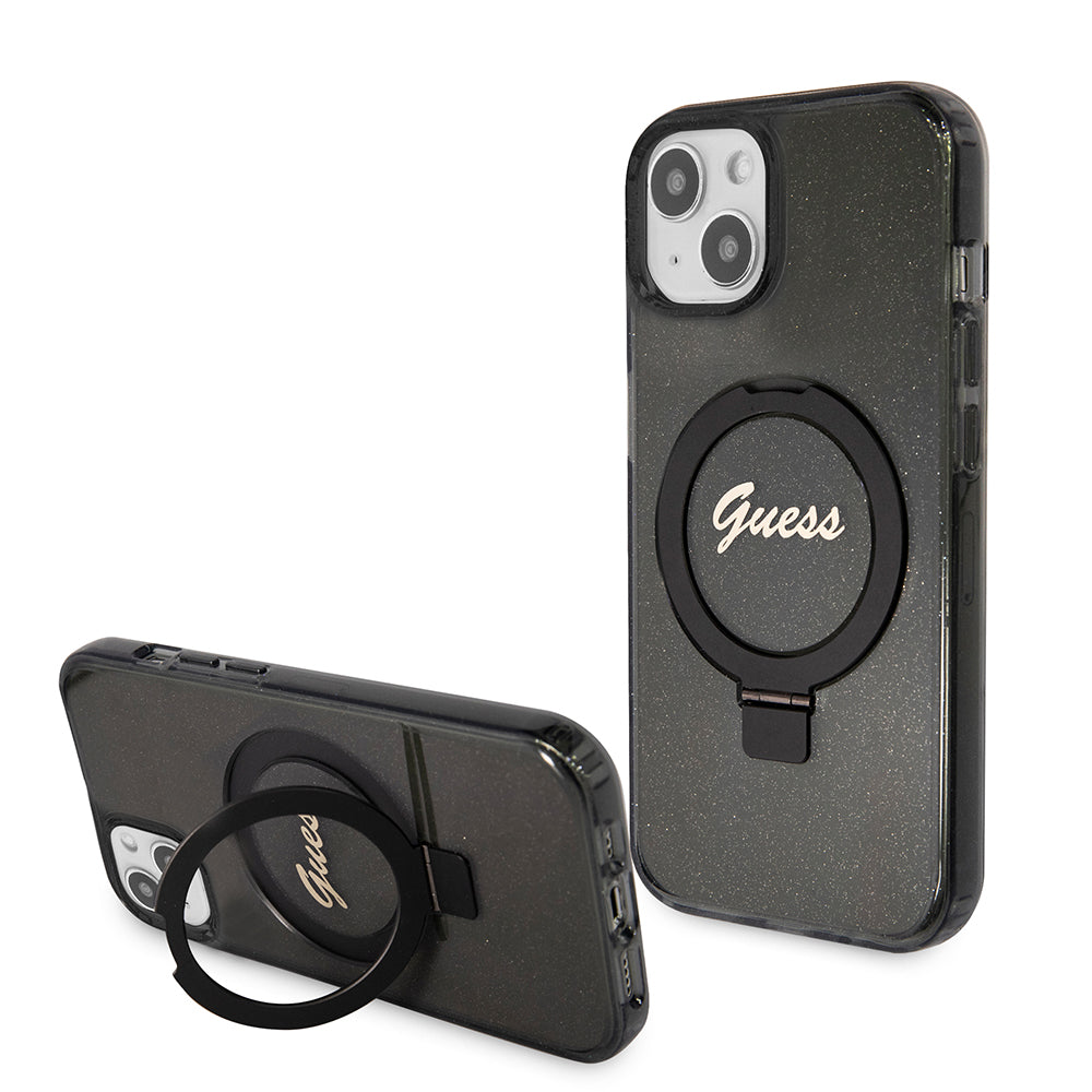 MagSafe deksel for Apple iPhone 15 Plus, Guess, Ring Stand Script Glitter, Svart