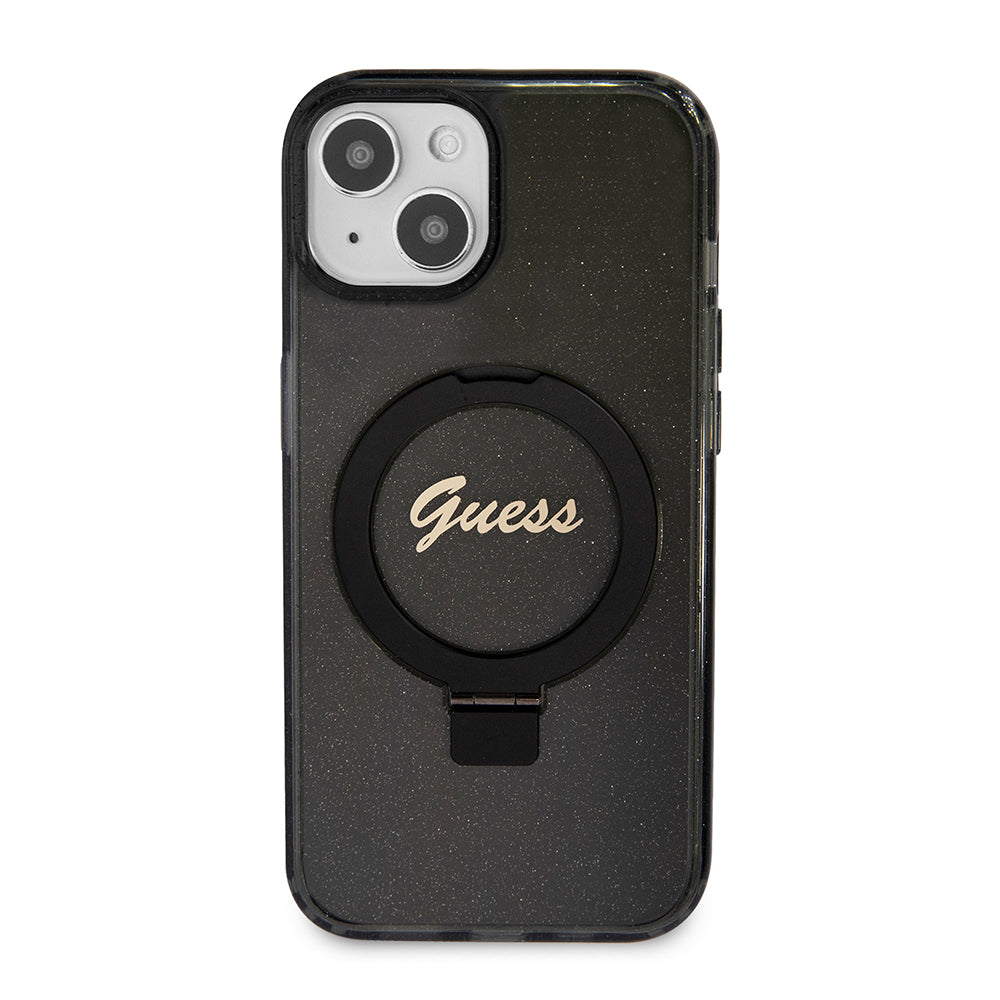 MagSafe deksel for Apple iPhone 15 Plus, Guess, Ring Stand Script Glitter, Svart