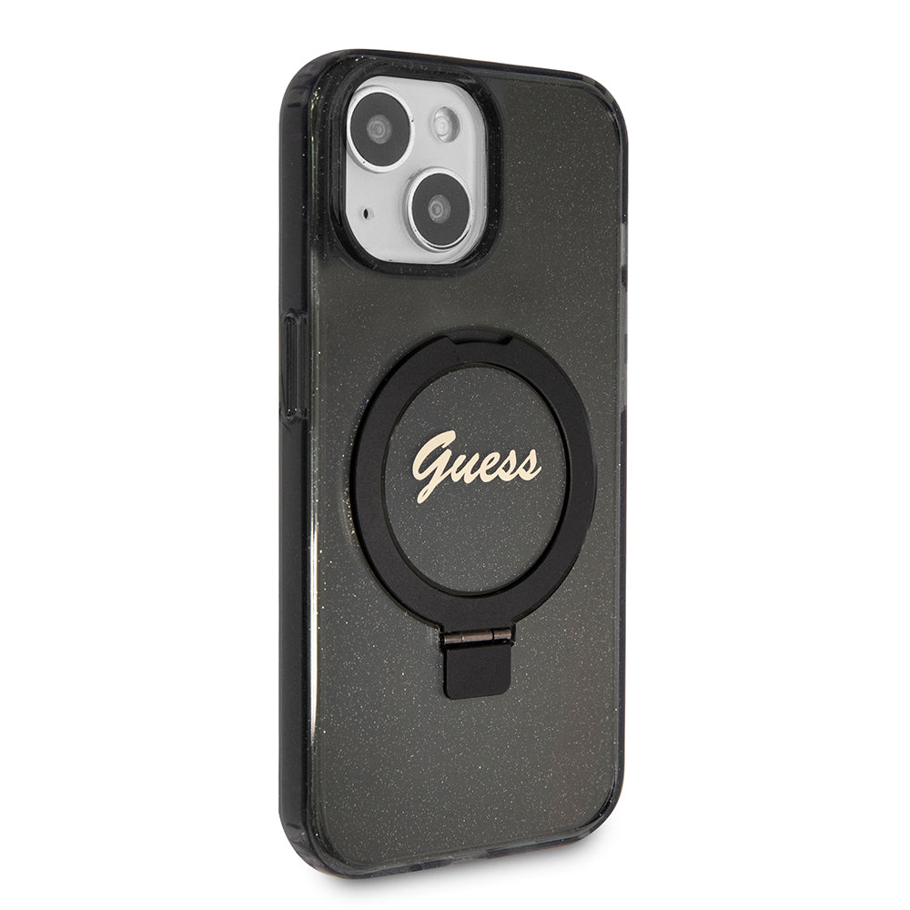 MagSafe deksel for Apple iPhone 15 Plus, Guess, Ring Stand Script Glitter, Svart