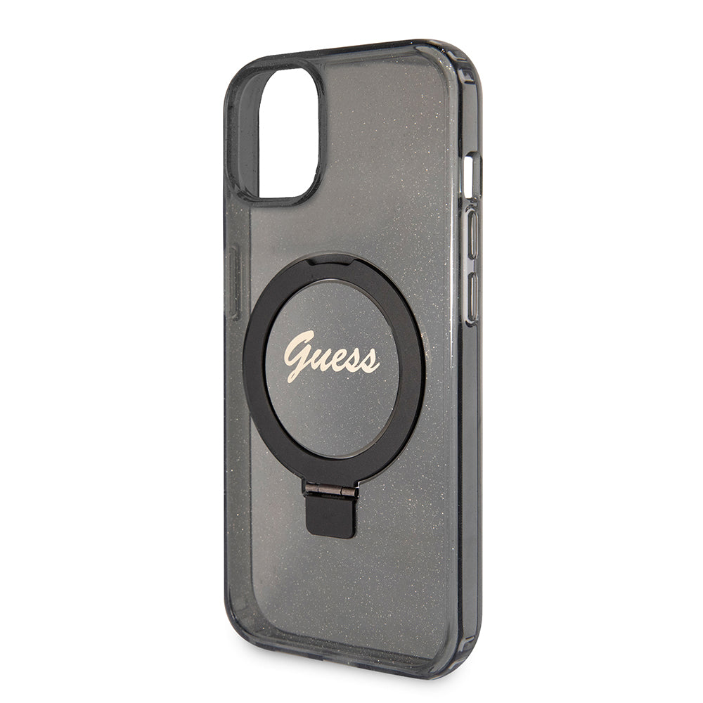 MagSafe deksel for Apple iPhone 15 Plus, Guess, Ring Stand Script Glitter, Svart