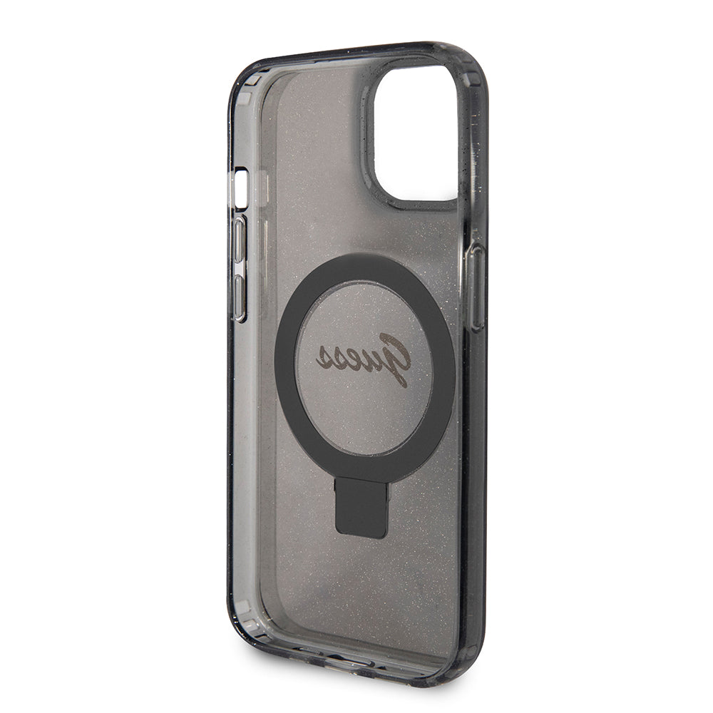 MagSafe deksel for Apple iPhone 15 Plus, Guess, Ring Stand Script Glitter, Svart
