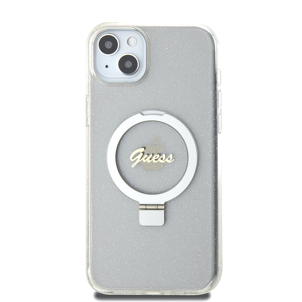 MagSafe deksel for Apple iPhone 15 Plus, Guess, Ring Stand Script Glitter, Gjennomsiktig