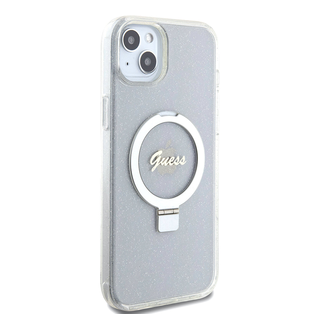 MagSafe deksel for Apple iPhone 15 Plus, Guess, Ring Stand Script Glitter, Gjennomsiktig