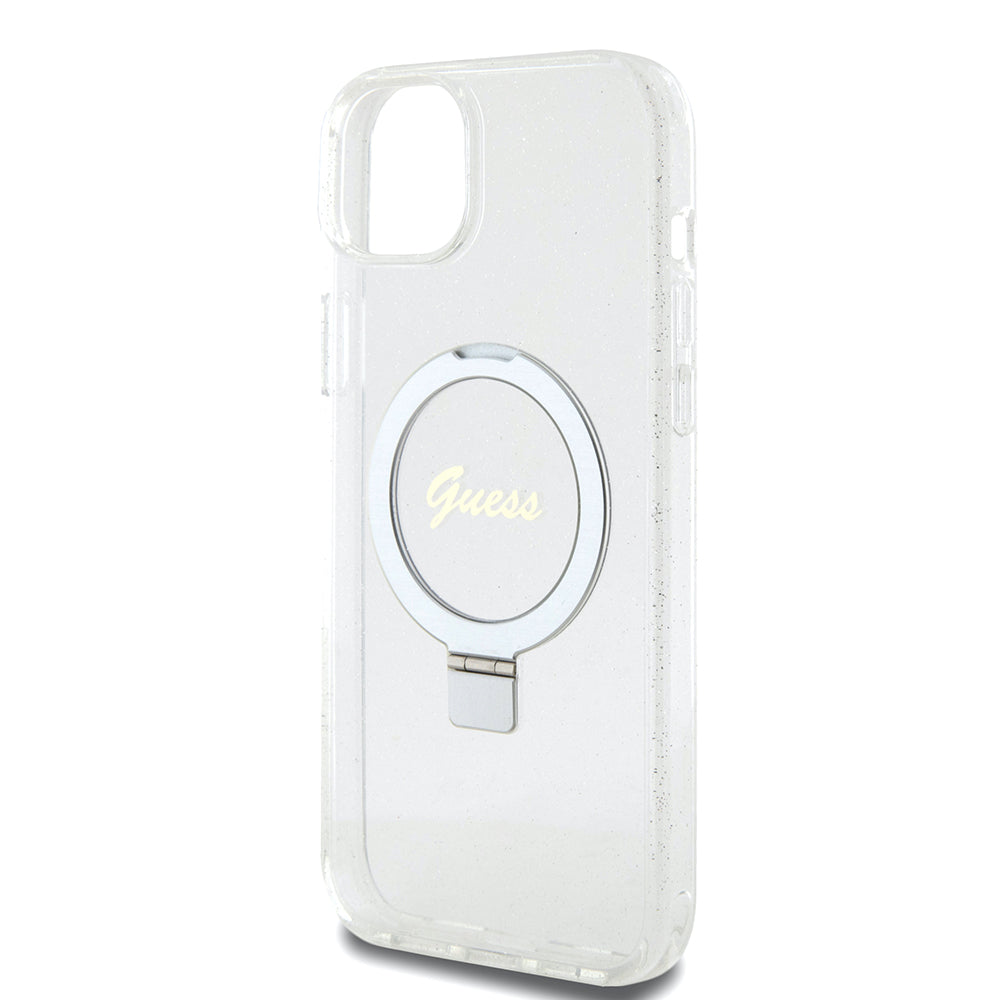 MagSafe deksel for Apple iPhone 15 Plus, Guess, Ring Stand Script Glitter, Gjennomsiktig