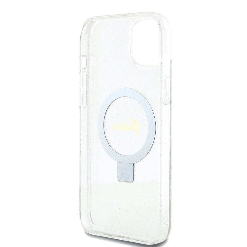 MagSafe deksel for Apple iPhone 15 Plus, Guess, Ring Stand Script Glitter, Gjennomsiktig