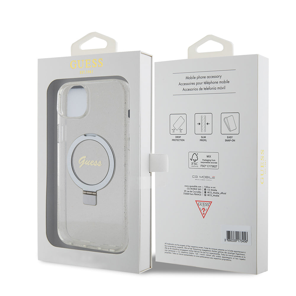 MagSafe deksel for Apple iPhone 15 Plus, Guess, Ring Stand Script Glitter, Gjennomsiktig