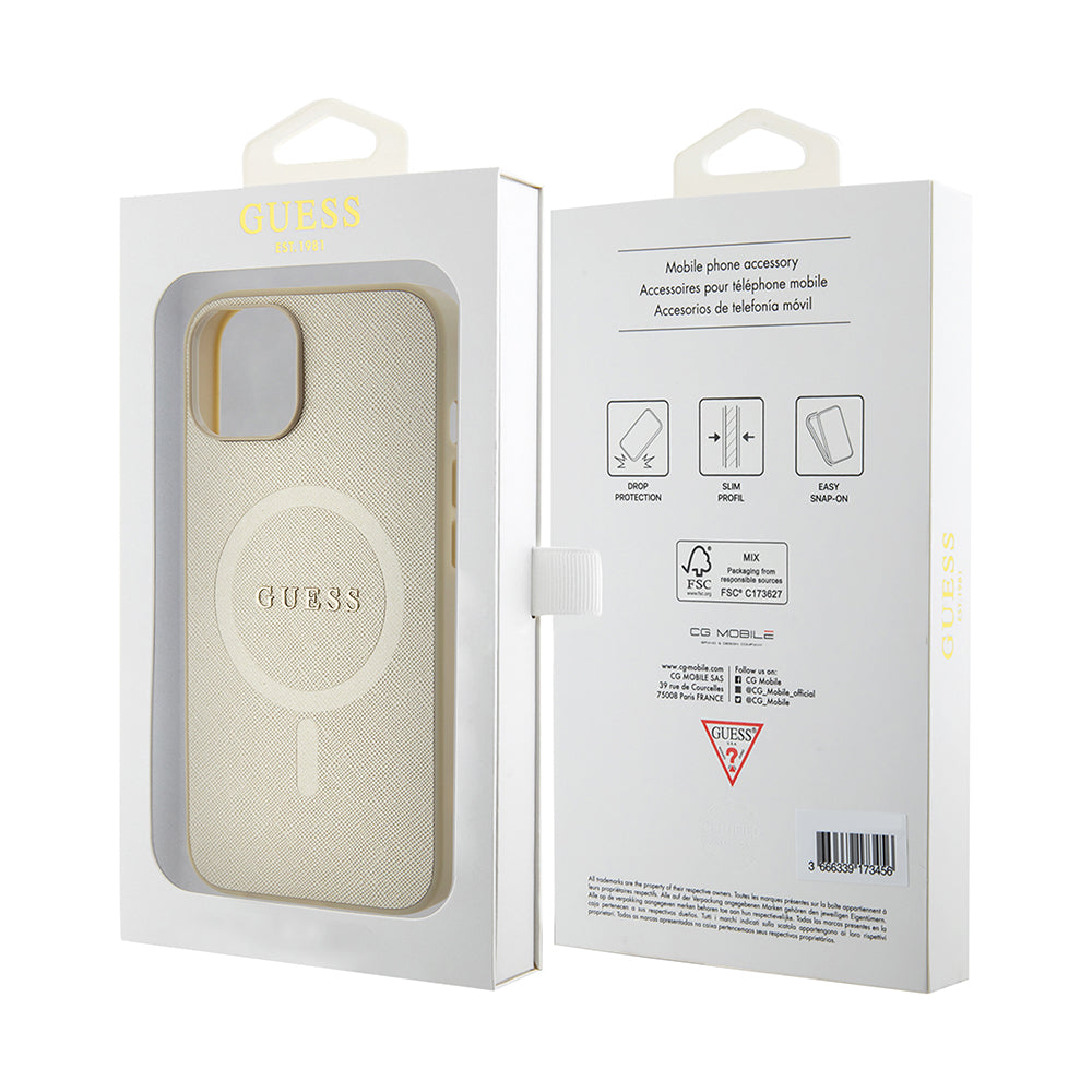 MagSafe-deksel for Apple iPhone 15 Plus, Guess, Saffiano, Gull