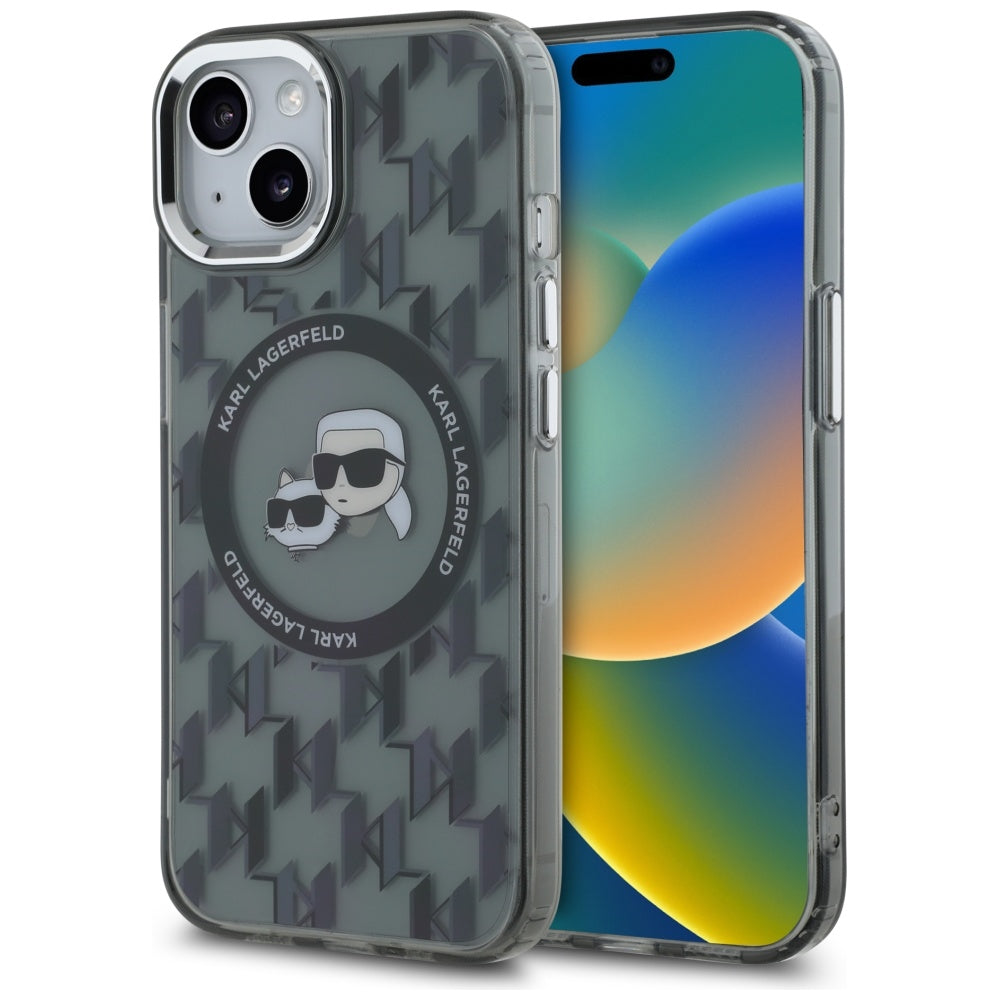 MagSafe-deksel for Apple iPhone 15 Plus, Karl Lagerfeld, IML Monogram Karl & Choupette's Heads, Svart