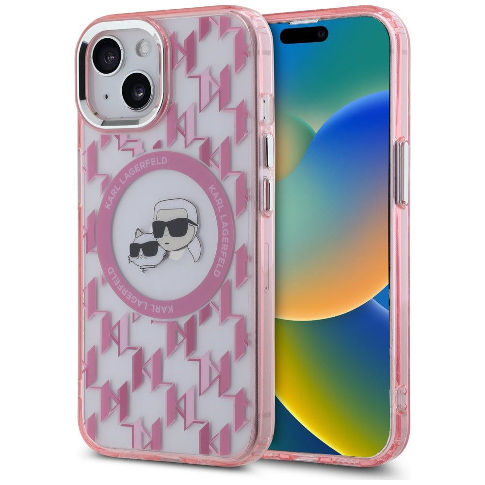 MagSafe-deksel for Apple iPhone 15 Plus, Karl Lagerfeld, IML Monogram Karl & Choupette's Heads, Rosa