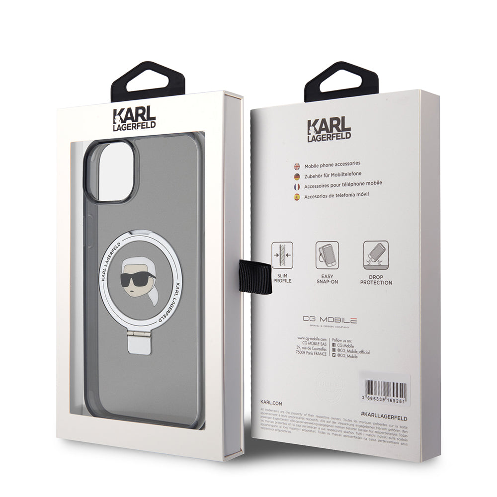 MagSafe-deksel for Apple iPhone 15 Plus, Karl Lagerfeld, Ring Stand Karl's Head, Svart