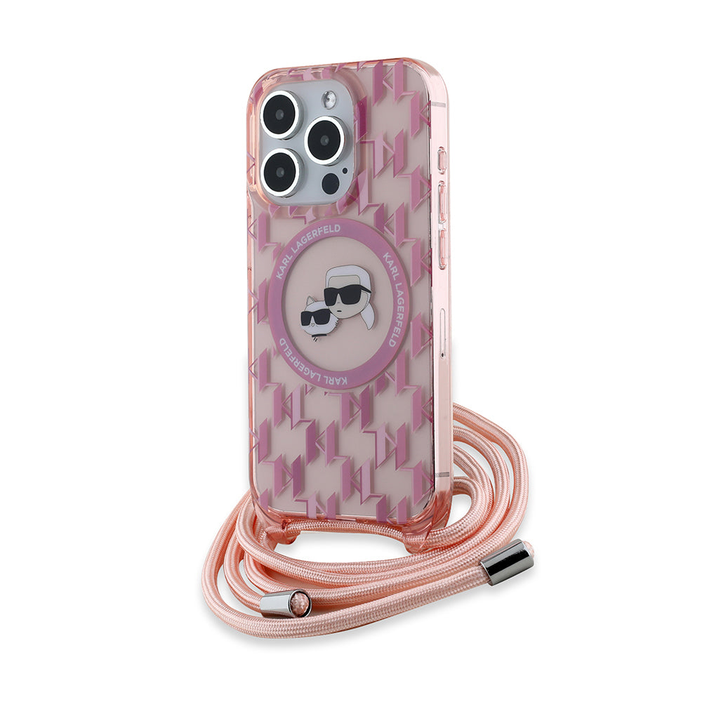 MagSafe-deksel for Apple iPhone 15 Pro, Karl Lagerfeld, IML Crossbody Monogram Karl & Choupette's Heads, Rosa