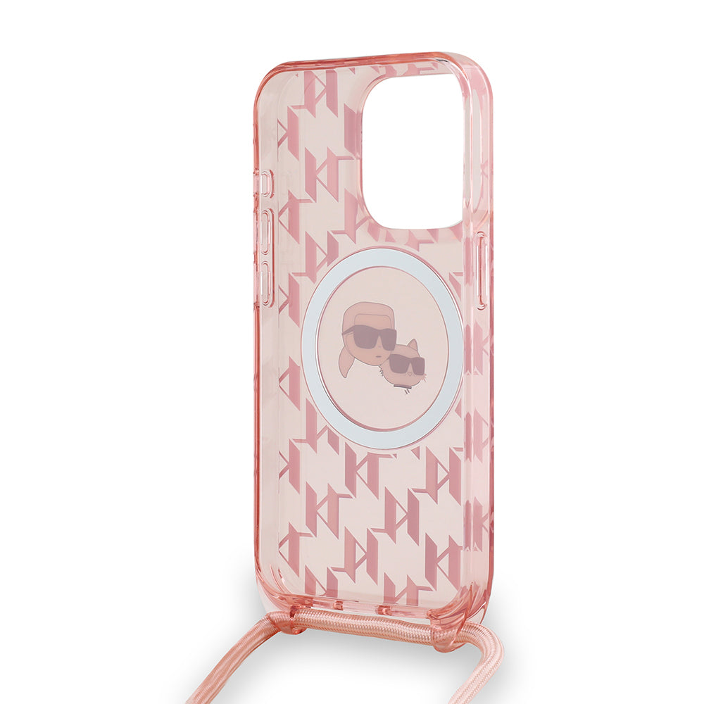 MagSafe-deksel for Apple iPhone 15 Pro, Karl Lagerfeld, IML Crossbody Monogram Karl & Choupette's Heads, Rosa